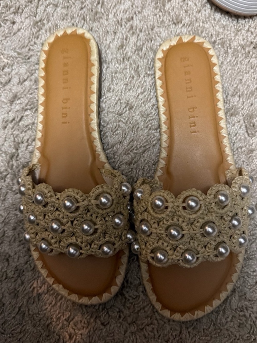 Gianni Bini Beige Crochet Pearl-Embellished Slide Sandals